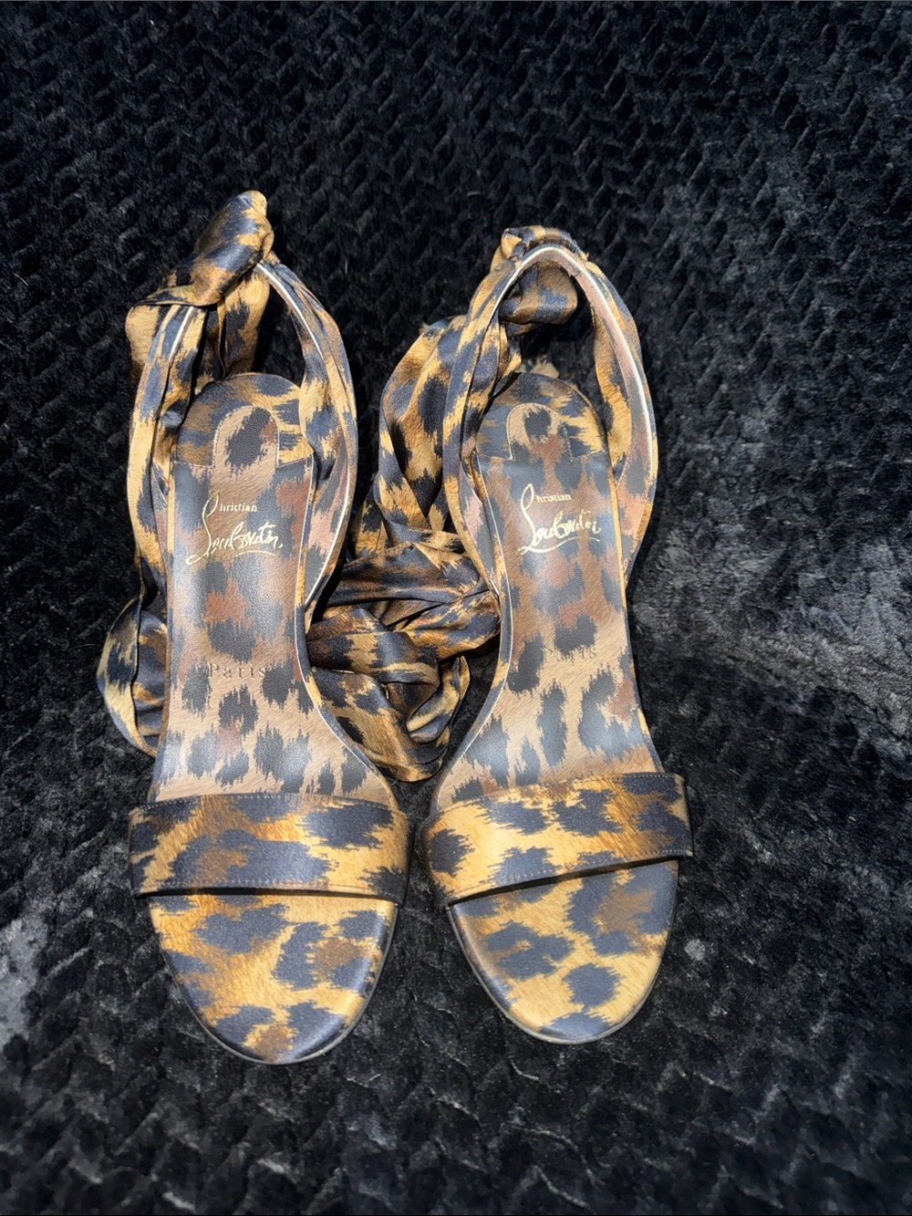 Christian Louboutin Leopard-Print Satin Ankle-Tie Heels in Gold and Black - Picture 3 of 11